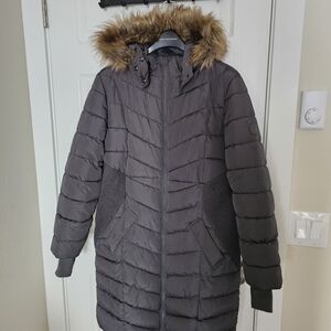 Seraphine Dark Gray Puffer Coat with Faux Fur Hood
